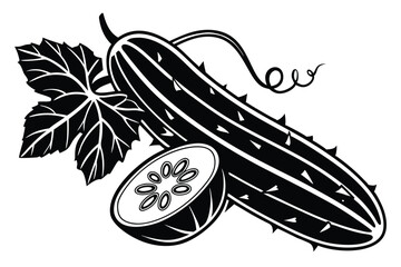 Monochrome Cucumber Still Life Whole, Sliced, Vine, Leaf, Seed, Black, White, Isolated