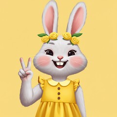 Obraz premium Cheerful Cartoon Rabbit Character in Yellow Dress and Flower Crown Making Peace Sign Against Yellow Background