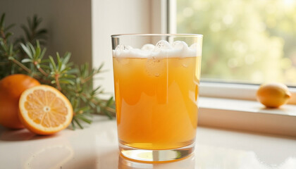 Fototapeta premium Refreshing Kombucha Beverage with Citrus Garnish by the Window 