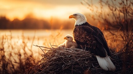 A majestic bald eagle and its chick perched on a nest, bathed in warm sunset light, showcasing nature's beauty.