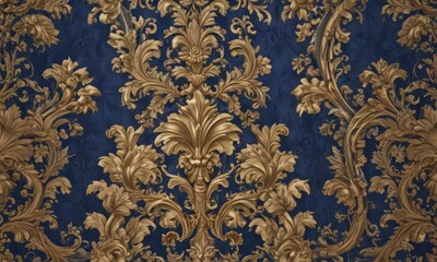 Intricate damask floral wallpaper, royal blue & gold , motif, gold