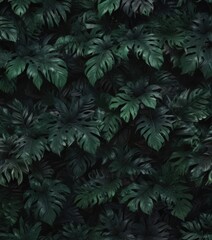 Intricate dark green & black tropical leaves, abstract pattern ,  moody,  illustration