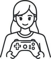 Line art illustration of a smiling girl holding a video game controller playing games