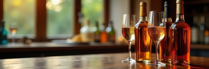 Group of bottles with champagne glasses on a table , festive, celebration, bottle