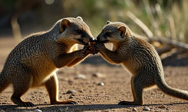 Playful mongooses interact, African savanna, sunset