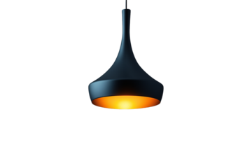 Elegant black pendant lamp, narrow neck flares to wide base, soft glowing orange light creates warmth, isolated on a transparent background