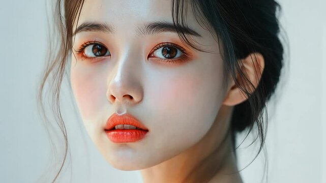 Close-up portrait of a young woman with light makeup, studio setting, subtle background