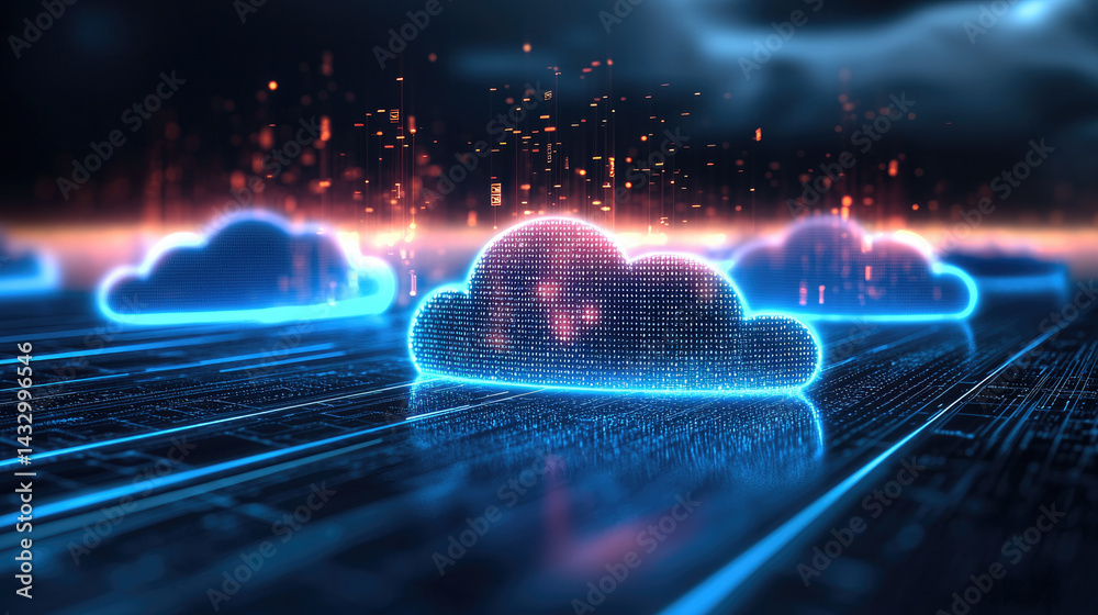Poster Futuristic digital clouds with glowing blue outlines float above network of data streams, symbolizing advanced technology and connectivity in digital landscape