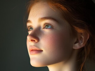Woman with freckles looking up