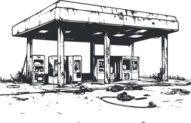 Black and white illustration of an abandoned and deteriorated gas station with broken fuel pumps and scattered debris.