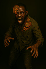 Angry black man infected by zombie fungus growing on his head, wearing old and torn clothes
