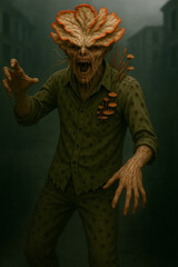 Zombie fungus-infected creature with fungus growing on its head, screaming, wearing old and torn clothes, destroyed city with overgrown vegetation and fog, post-apocalyptic setting