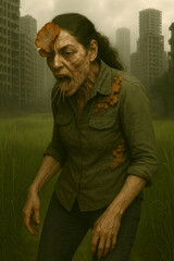 Zombie fungus-infected woman with fungus growing on her head and roots coming out of her mouth, wearing old and torn clothes, destroyed city, apocalyptic setting