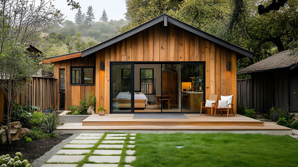 small farmhouse exterior with modern touches, clean lines, and rustic charm