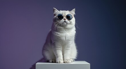 White Cat Wearing Round Sunglasses on Purple Background