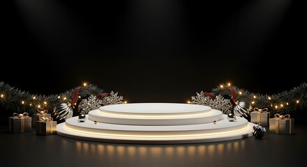 White Circular Podium with Christmas Decorations and Gifts