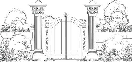 Black and white line drawing of an ornate garden gate with two classical columns surrounded by plants, bushes, and trees