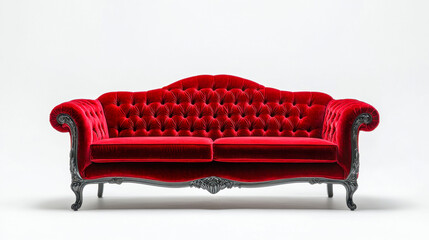 Luxurious red velvet sofa with baroque detailing on a white background