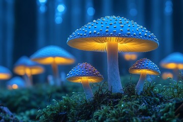 Magical glowing mushrooms in enchanted forest at night fantasy landscape