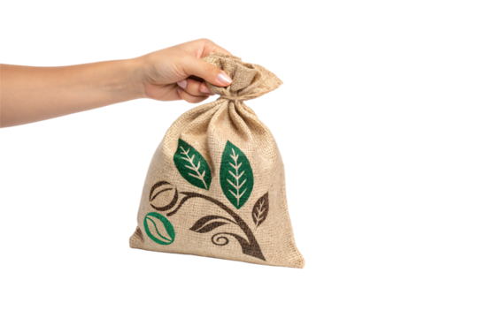 A drawstring jute bag, held firmly, features printed leaves and eco-friendly design accents, isolated on a transparent background