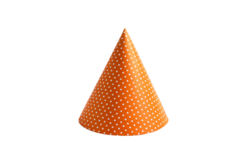 Bright orange party hat covered in tiny white dots, festive, fun, and celebration-ready accessory, isolated on a transparent background