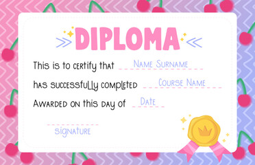 Cute and decorative kids diploma with a pink background and intricate patterns, designed for young achievers in school or kindergarten. Stock vector illustration in cartoon style.