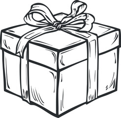 Black and white line art illustration of a gift box with ribbon and bow, symbolizing celebration or present