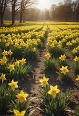 Obraz premium Sunlit daffodil field, vibrant yellow blooms, spring freshness, bright, garden, macro