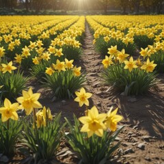 Obraz premium Sunlit daffodil field, vibrant yellow blooms, springtime , floral, spring flowers