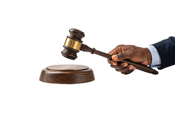 Firm hand in suit grips gavel, raised above sound block, symbolizing justice and final judgment, isolated on a transparent background
