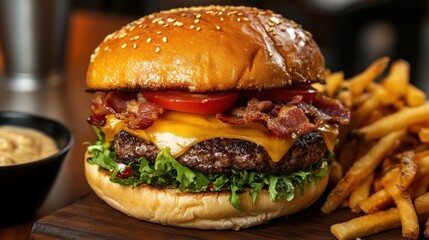  A double cheeseburger with bacon, tomato, lettuce, and sauce, accompanied by french fries.