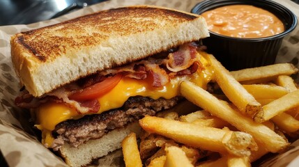  A double cheeseburger with bacon, tomato, lettuce, and sauce, accompanied by french fries.
