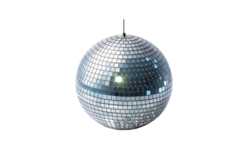 Illuminated disco ball sparkles brilliantly, reflecting dots of light like stars across a dark dancefloor atmosphere, isolated on a transparent background