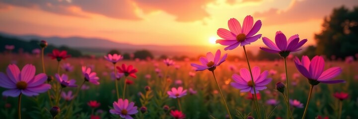 Fototapeta premium Vintage cosmos flowers glowing under sunset sky, tranquil garden scene, flowers, vintage, cosmos