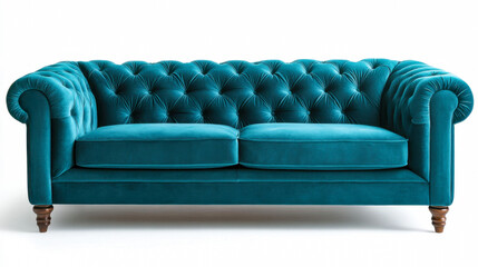 Fototapeta premium Luxurious emerald blue velvet sofa showcasing rich texture and deep button tufting details
