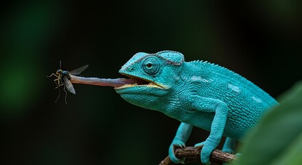 Fototapeta premium Turquoise Chameleon's Lightning-Fast Strike: Capturing a Fly with its Projectile Tongue.