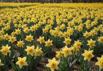 Obraz premium Thousands of daffodils in full bloom, a sea of sunshine yellow , sea of flowers, field, petals