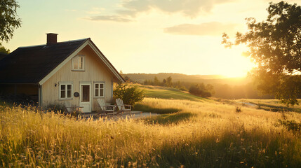 Obraz premium countryside house glowing in soft golden hour light with peaceful natural surroundings