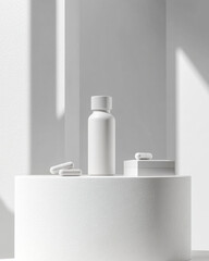 Elegant pharmaceutical packaging display with minimalistic design and gray background setting