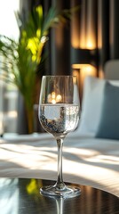 Elegant glass of water on a bedside table in a modern hotel room