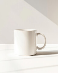 Obraz premium Blank white enamel mug on neutral grey background with soft ambient lighting and shadows