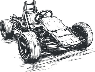 Black and white sketch illustration of a racing go-kart vehicle with large wheels and steering wheel