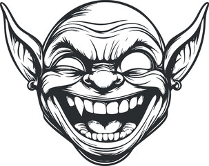Black and white illustration of a laughing goblin face with large ears and expressive features.
