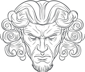 Obraz premium Black and white line art portrait of an angry man with curly hair and a stern expression