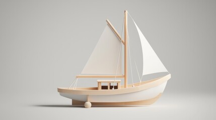 Obraz premium A small wooden sailboat with a white sail and wooden mast.