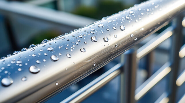 Stainless steel handrail detail showcasing water droplets in an outdoor setting - Powered by Adobe