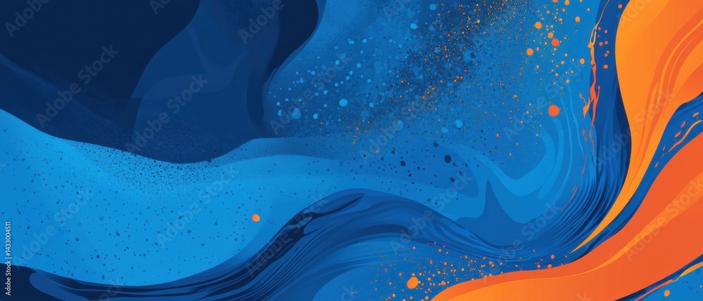 Poster abstract blue and orange fluid art background with dynamic swirls and splatters concept of modern de
