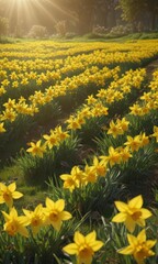 Obraz premium Vibrant yellow daffodils carpet a verdant field, bathed in the warm glow of the sun , close up, floral background, plant