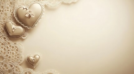 Naklejka premium Romantic Hearts on Lace, Light Beige Background