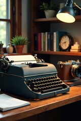 Vintage typewriter next to antique camera on desk adorned with classic trinkets, decor, retro